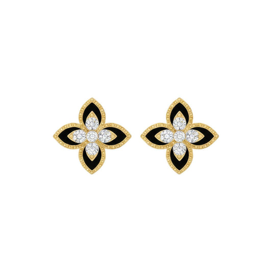 Dual Natural Diamond Clover Earrings in 18KT gold with black enamel and sparkling natural diamonds