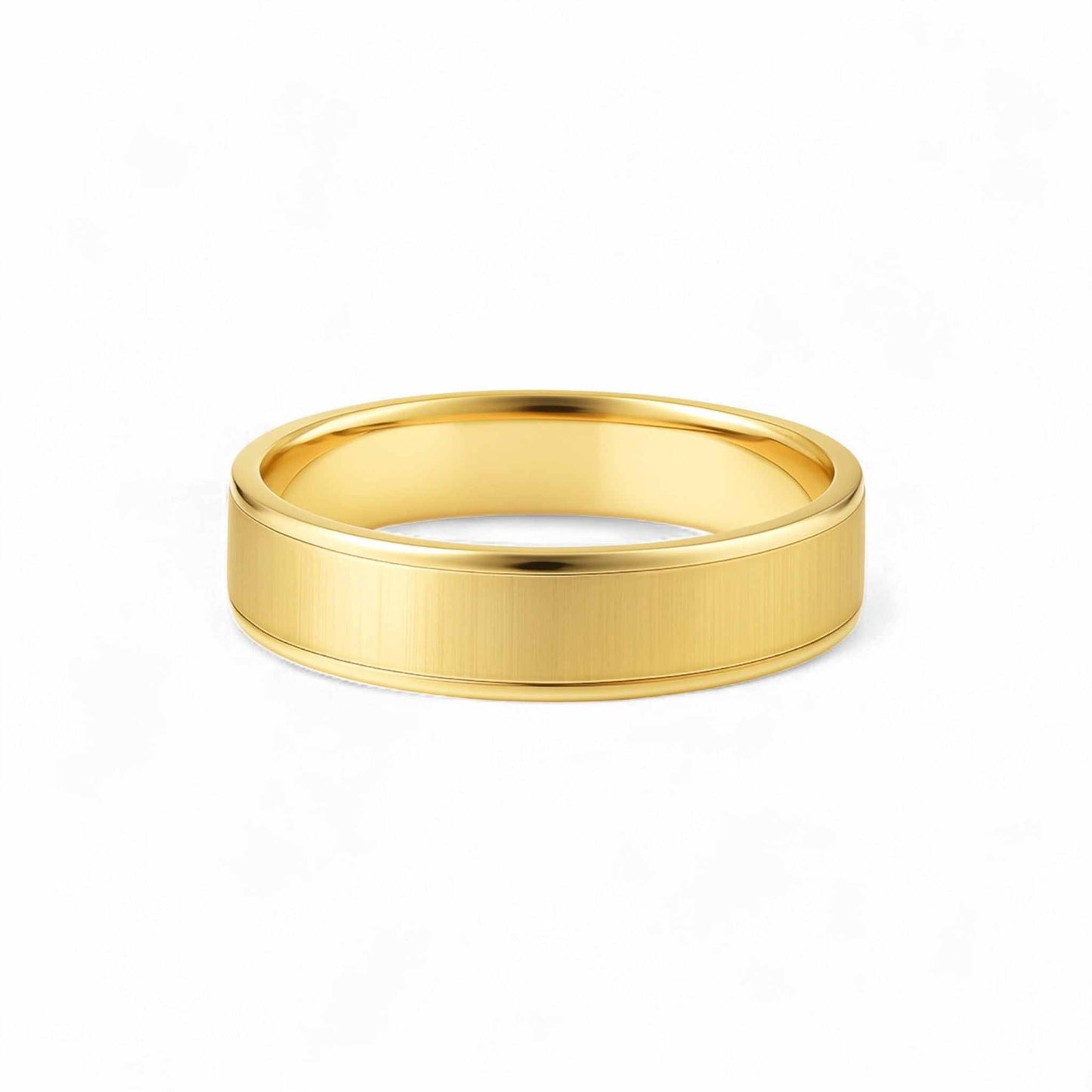 10KT gold ED Band with brushed center and polished edges, elegant wedding ring.