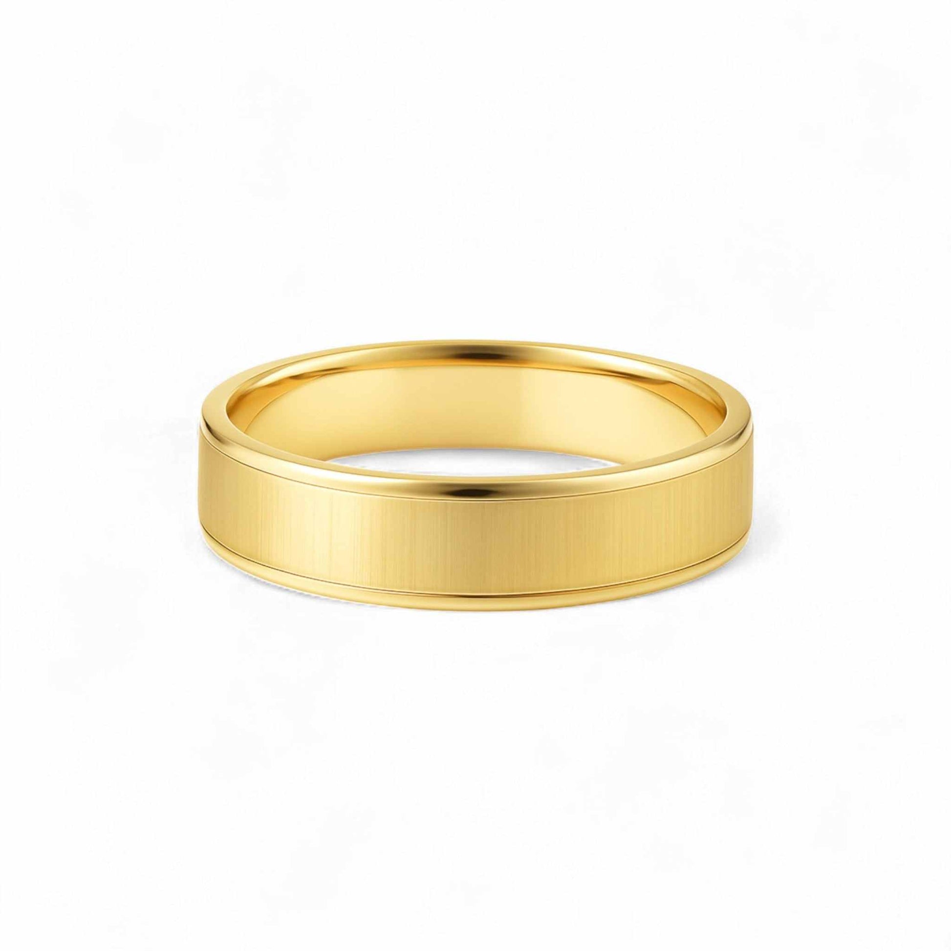 10KT gold ED Band with brushed center and polished edges, elegant wedding ring.
