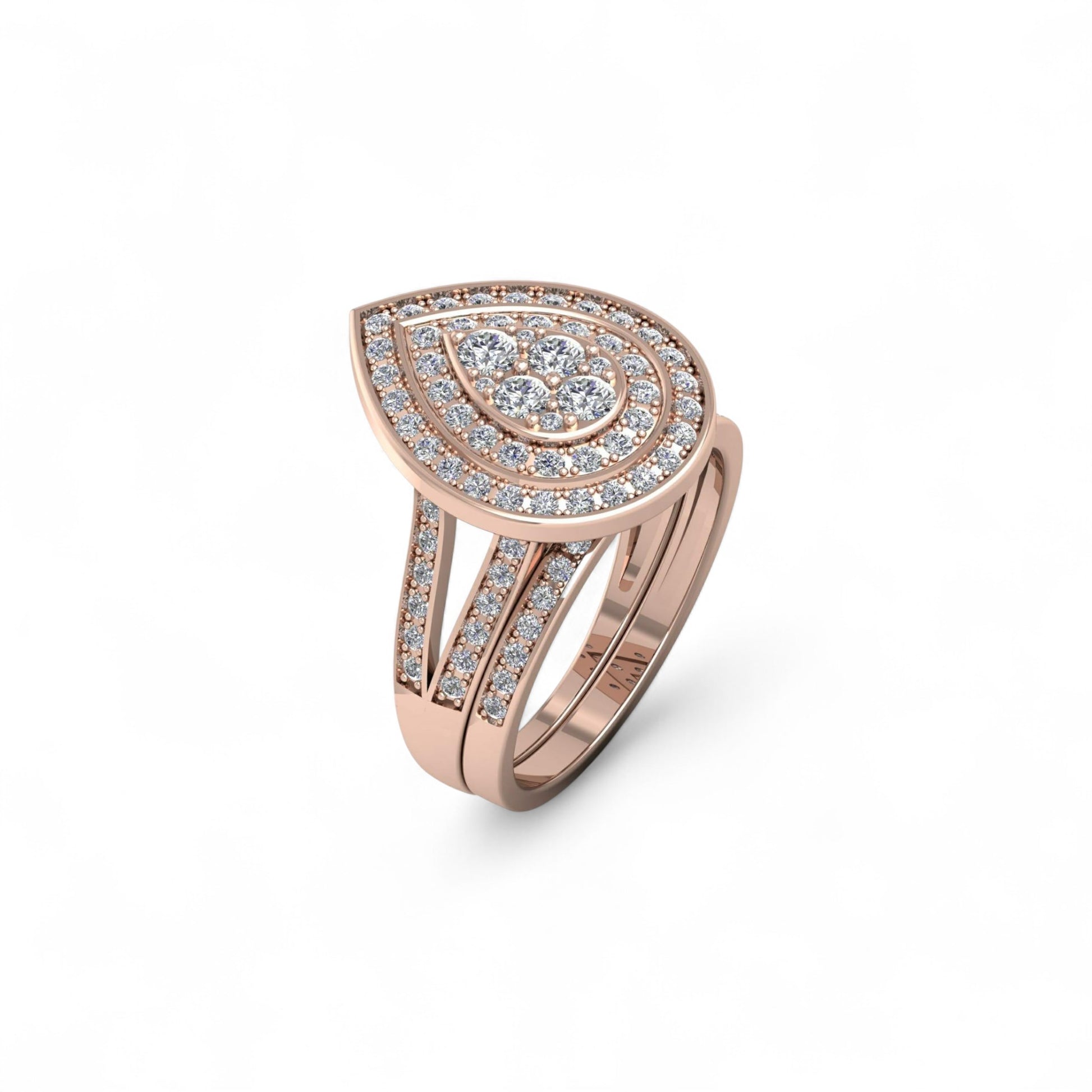 Rose gold ring with diamond accents on a white background
