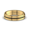 A 6mm black natural diamond band in 18K gold with a textured surface and multiple small diamonds around the circumference.