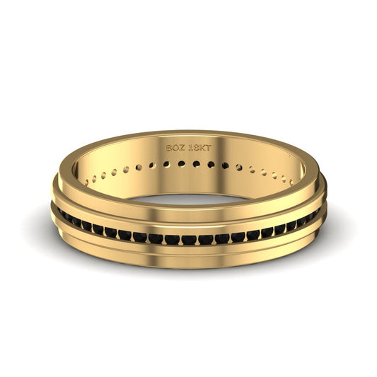 A 6mm black natural diamond band in 18K gold with a textured surface and multiple small diamonds around the circumference.