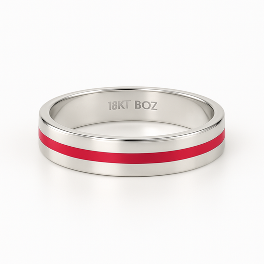 Silver ring with a red stripe and '18KT BOZ' engraving on a white background