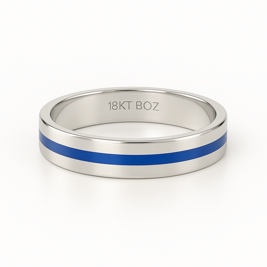 Silver ring with a blue stripe and '18KT BOZ' engraving on a white background