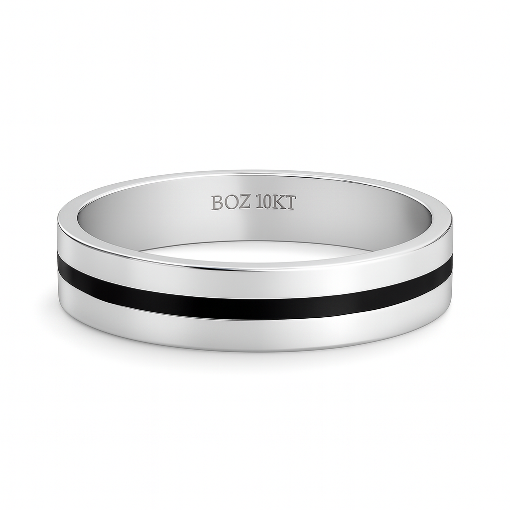 Silver ring with a black stripe and 'BOZ 10KT' engraving on a white background