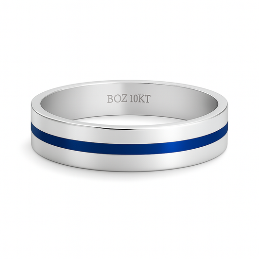 Silver ring with a blue stripe and 'BOZ 10KT' engraving on a white background
