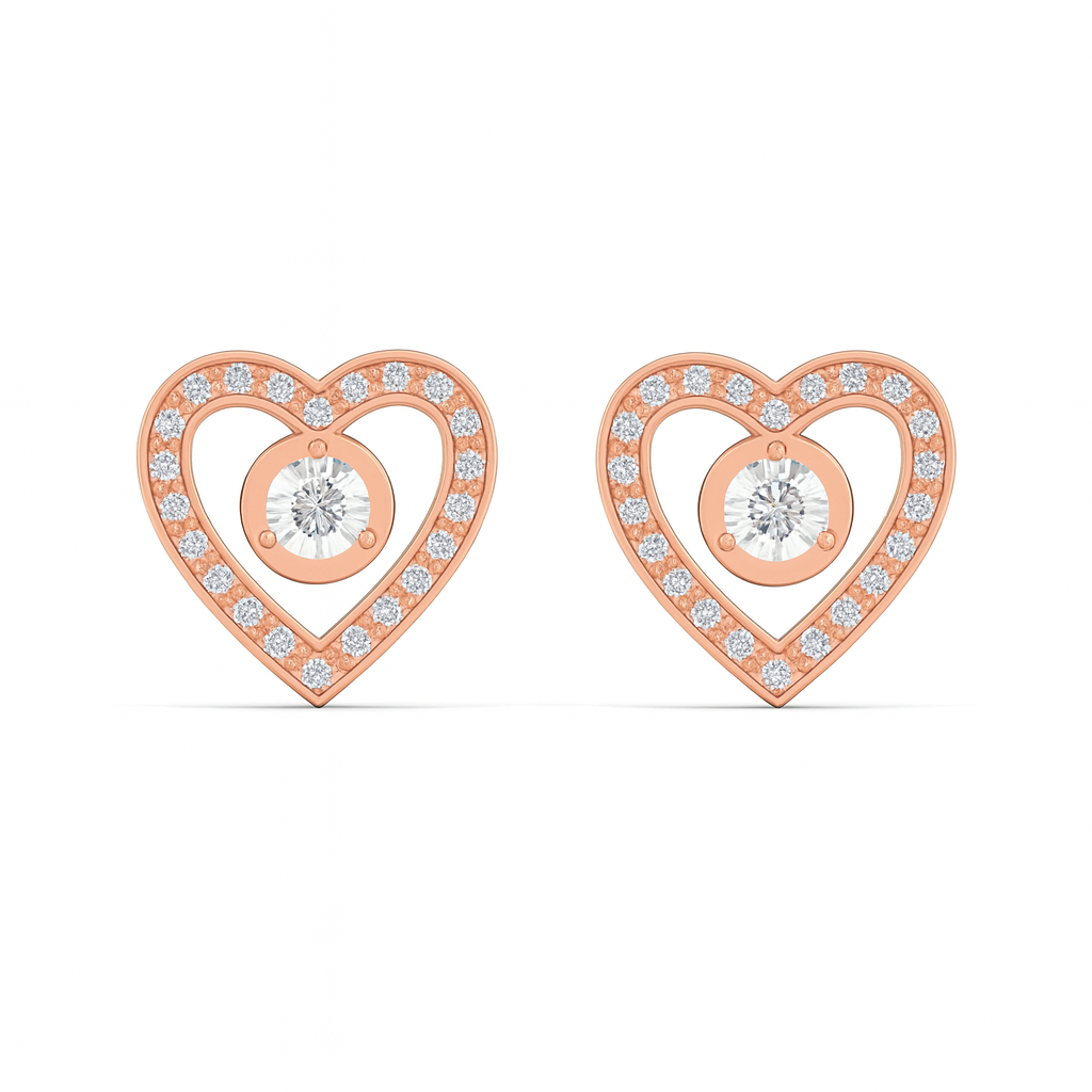Rose gold heart-shaped earrings with clear gemstones on a white background