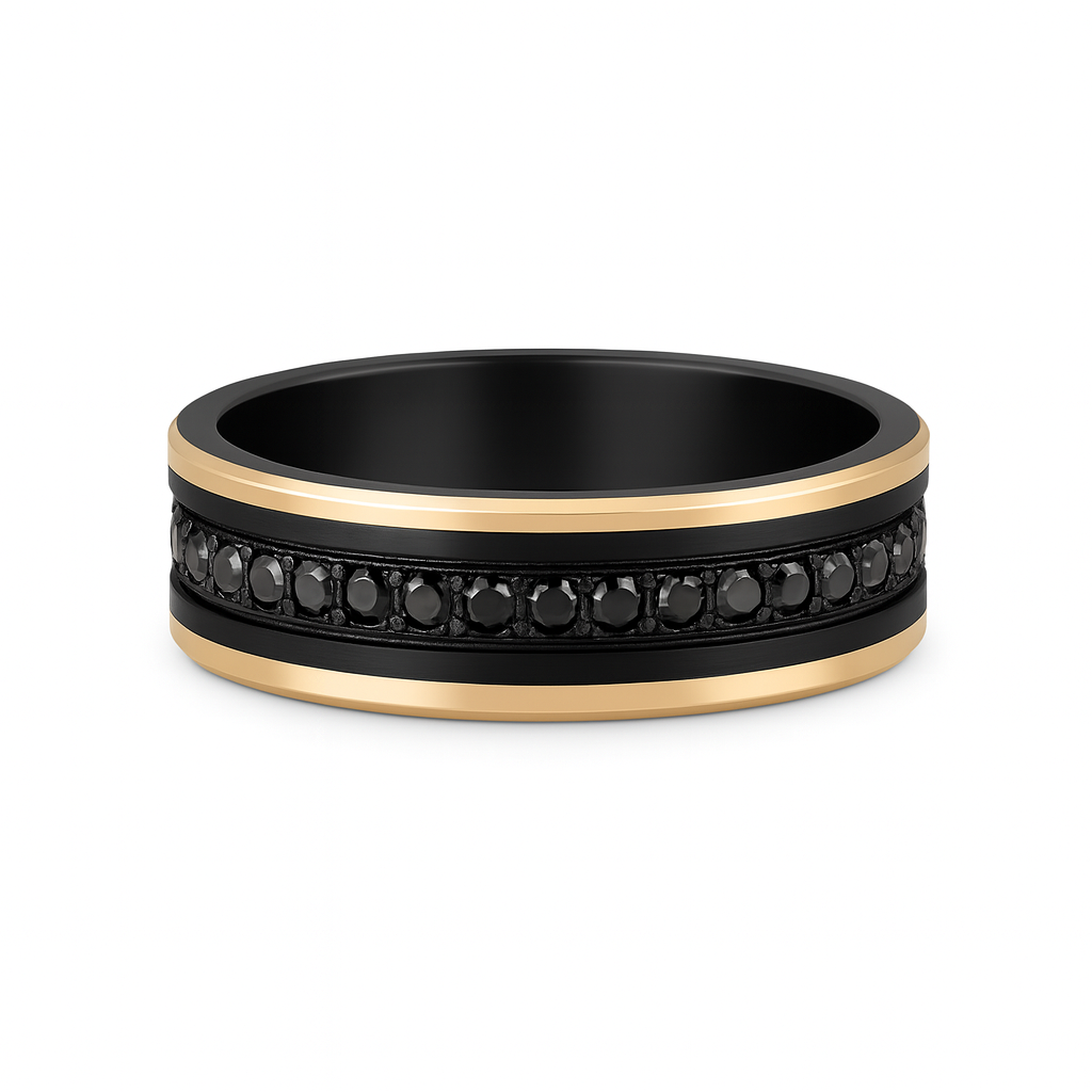 Black and gold ring with embedded stones on a white background