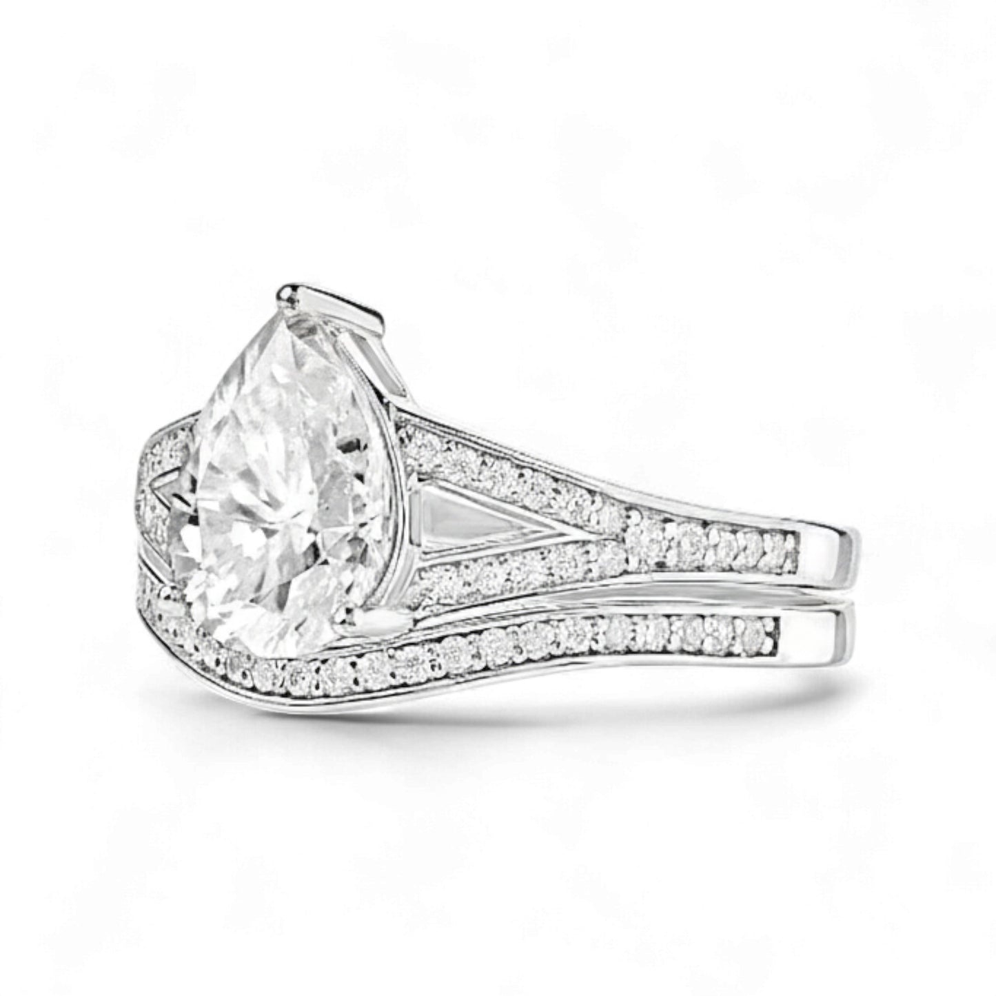 Split Shank Pear Cut Natural Diamond Bride Set in 18K Gold