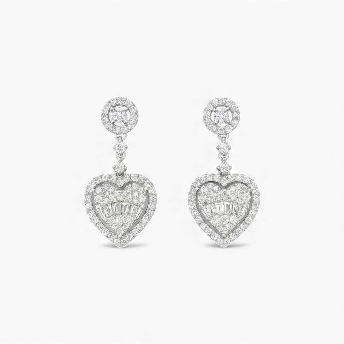Elegant drop heart earrings in 925 sterling silver with VVS1D moissanite and diamond cluster design