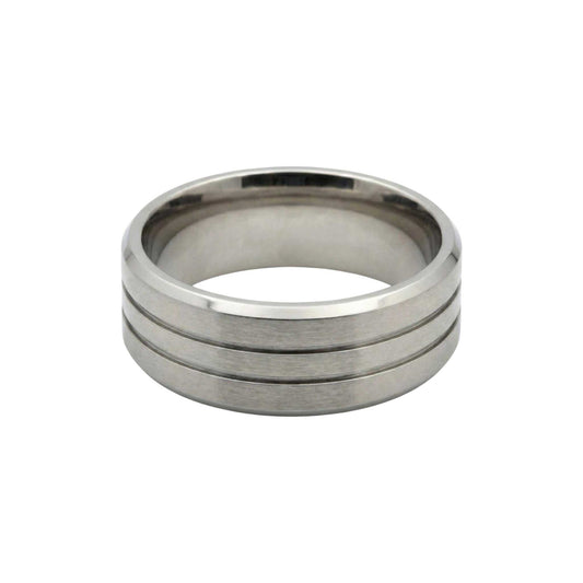silver titanium ring with midline grooves lightweight durable band