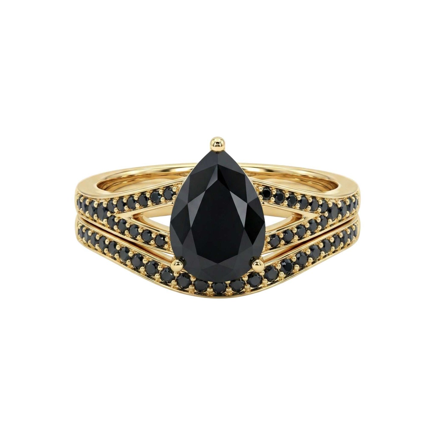 18KT gold split shank pear cut black cubic zirconia bridal ring set