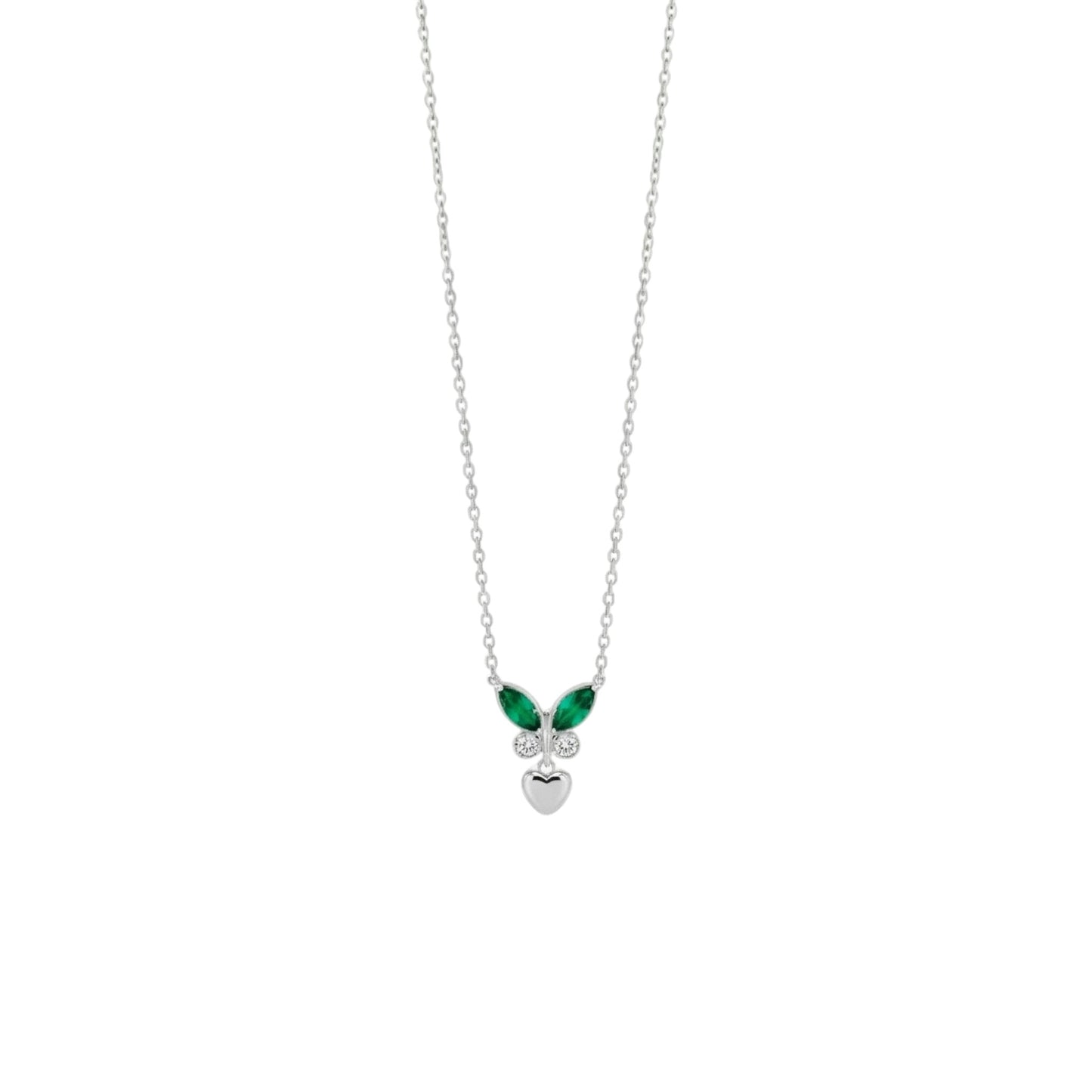 Emerald And Pink Butterfly Heart Necklace in 925 Sterling Silver