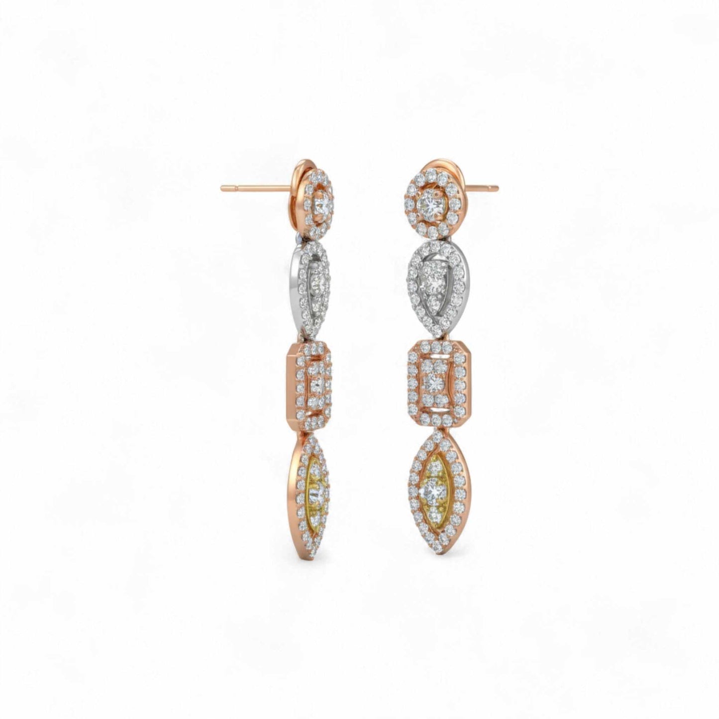 Tri Tone Multi Shaped Link Drop Earrings in 18KT Gold