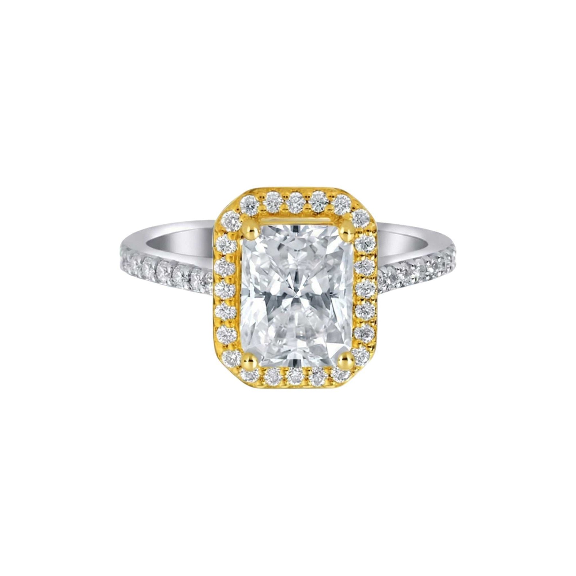 Radiant cut moissanite engagement ring in two-tone 925 sterling silver with gold accents and accent stones