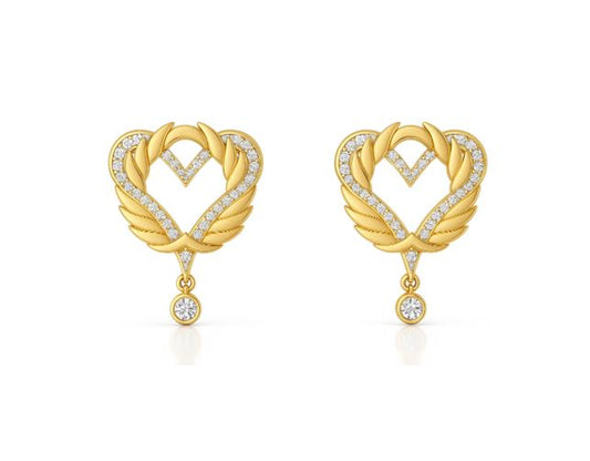 Gold heart-shaped earrings with diamond accents on a white background