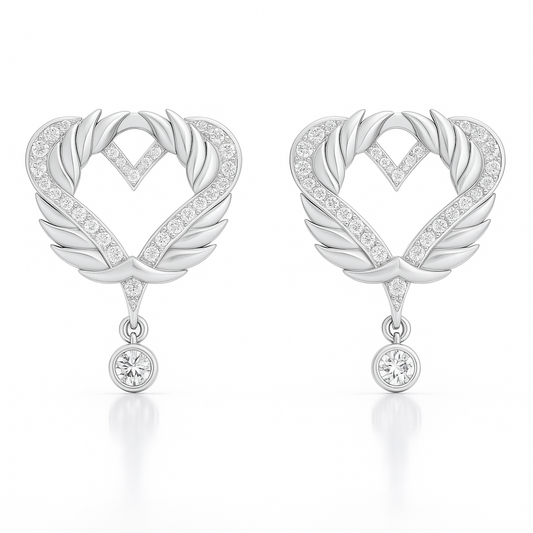 Pair of silver earrings with heart and leaf design on a white background