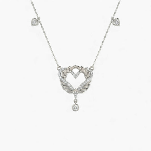 Silver necklace with a heart-shaped pendant on a white background