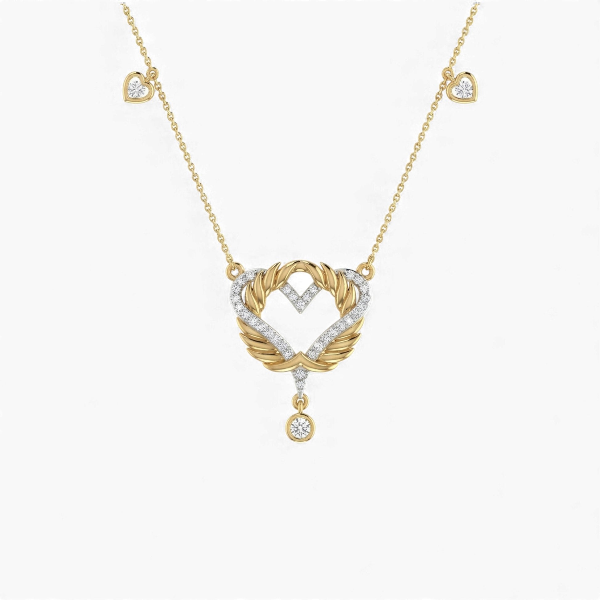 Gold and diamond heart-shaped necklace on a white background
