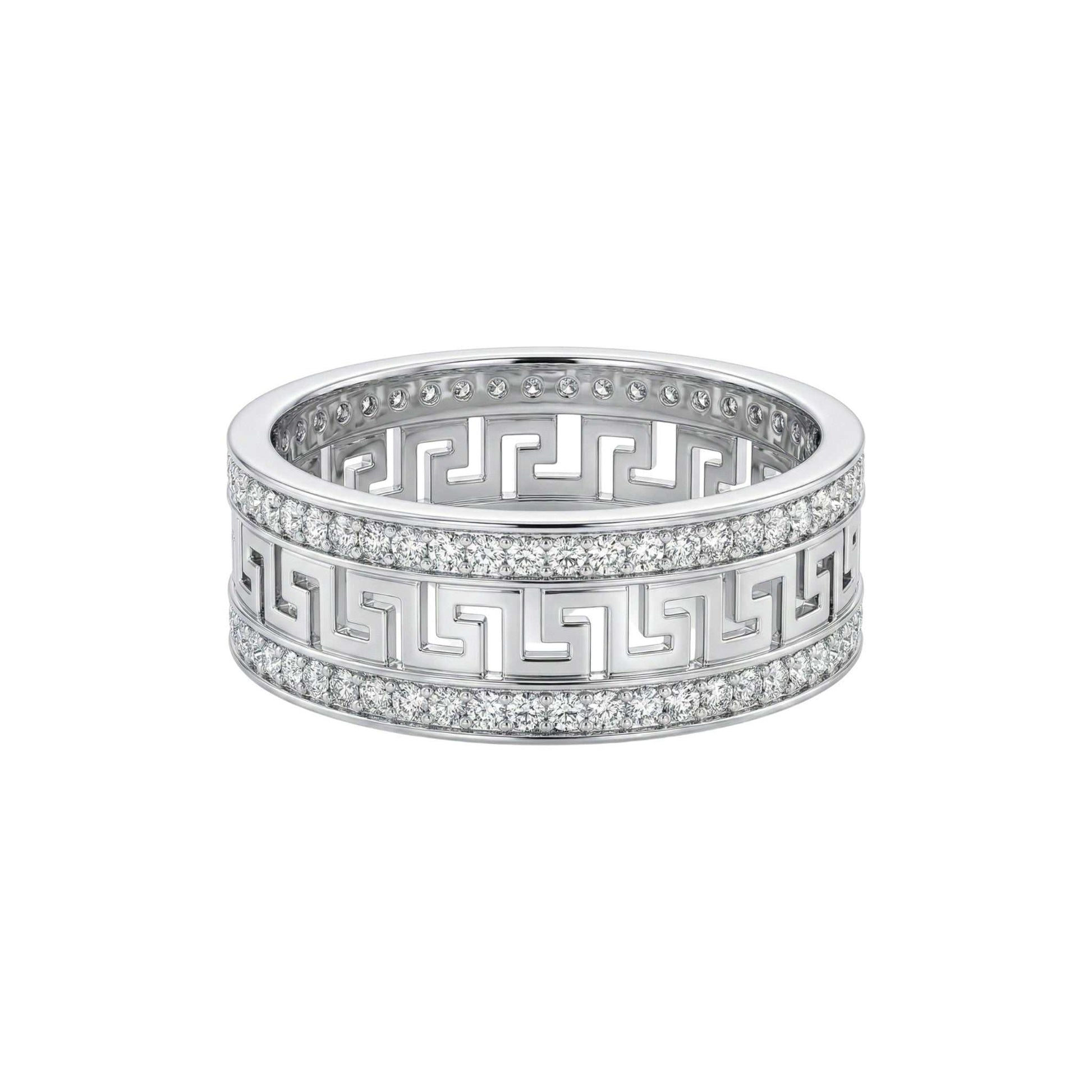 Greek Key CZ Band in 18KT gold with intricate Meander pattern and cubic zirconia stones