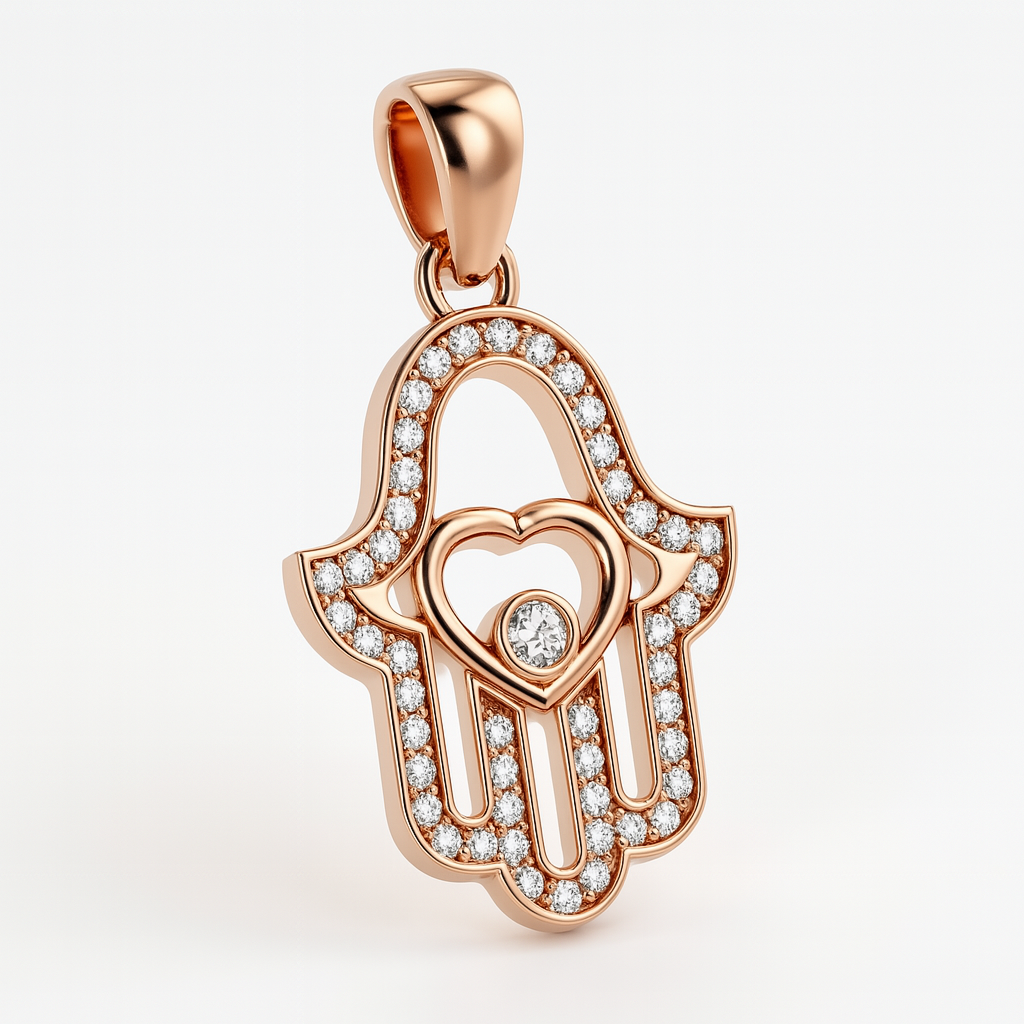 Rose gold pendant with heart design and diamond accents on a light background
