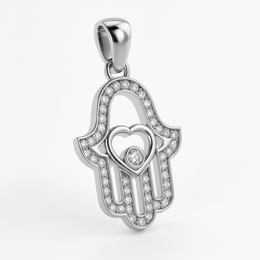 Silver pendant with Hamsa design and heart in the center on a white background