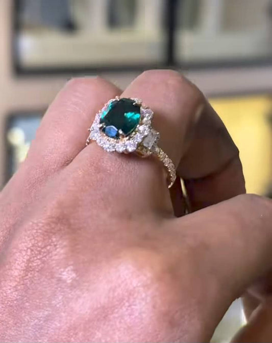 Empress Oval Cut Lab Grown Diamond & Emerald Gemstone Engagement Ring in 18K Gold