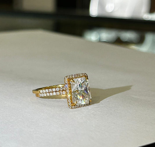 Zia Radiant Cut Moissanite and Natural Diamonds Bride Set in 18K Gold