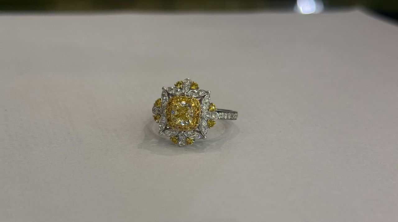 Marigold Cushion Cut Natural Yellow Diamond Engagement Ring in 18K Gold