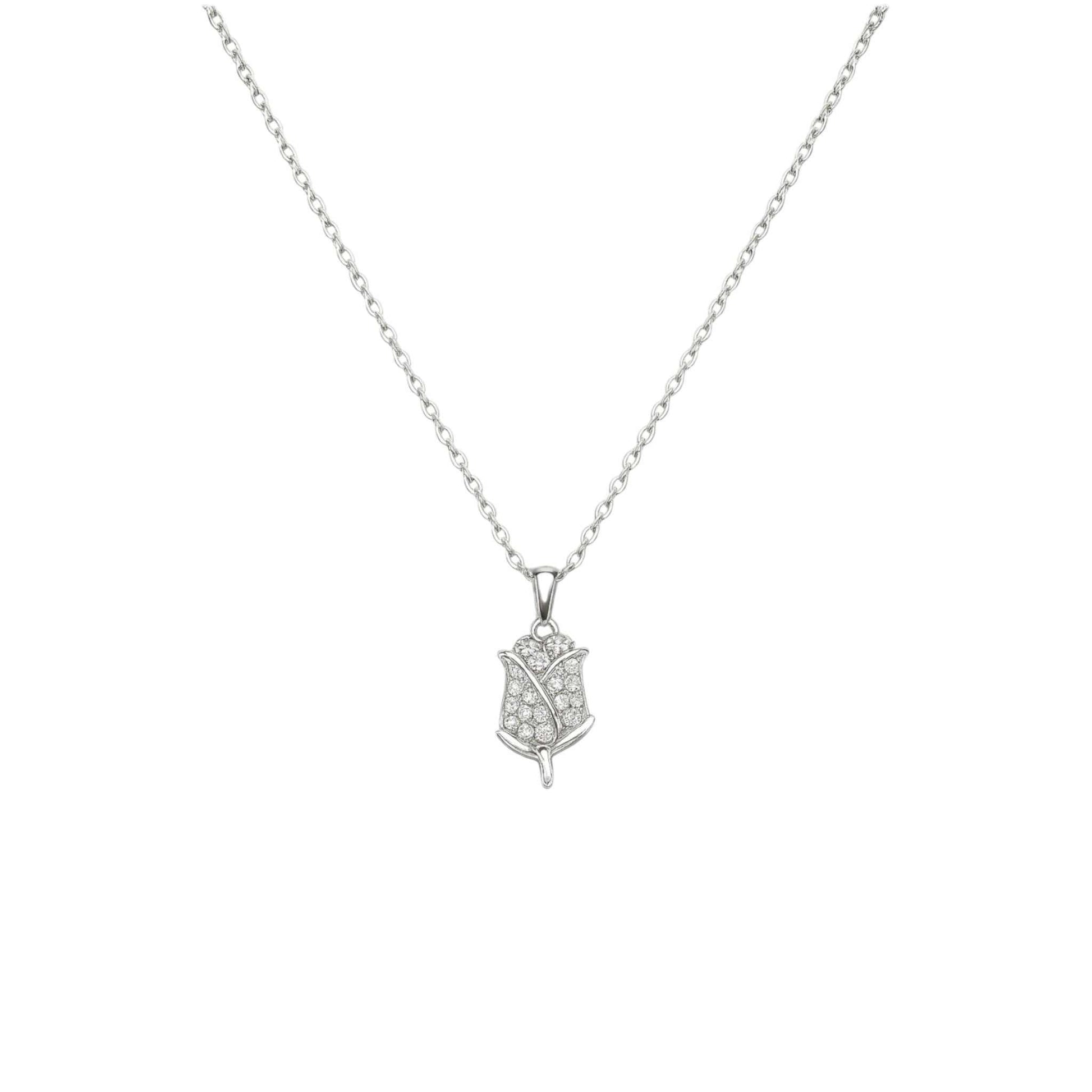 Iced Rose Moissanite Necklace in 925 sterling silver with pavé-set stones on sculpted rose pendant and fine silver chain