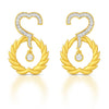 Gold earrings with heart and laurel wreath design on a white background