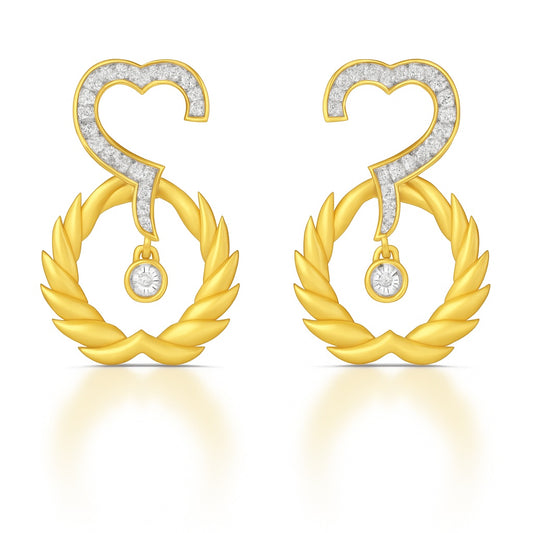 Gold earrings with heart and laurel wreath design on a white background