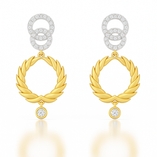 Pair of gold earrings with circular designs on a white background