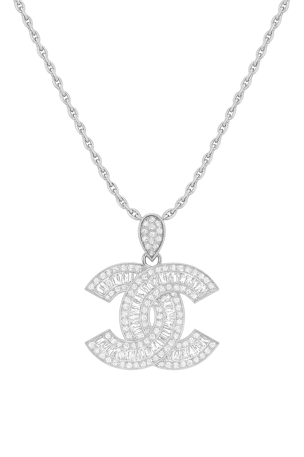 Silver necklace with a diamond-encrusted pendant on a white background