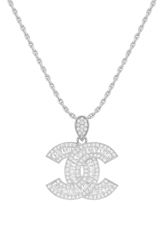 Silver necklace with a diamond-encrusted pendant on a white background