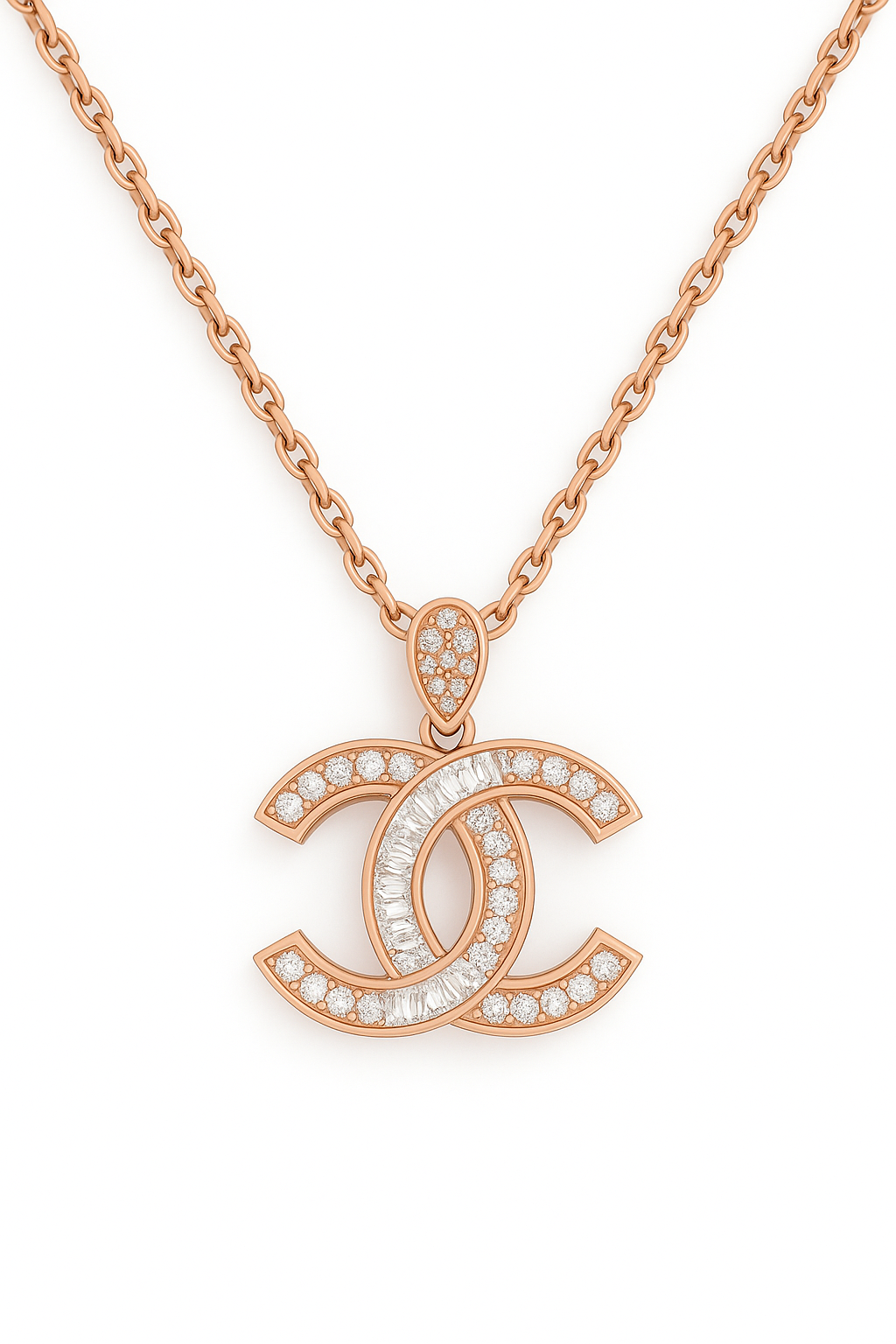 Rose gold necklace with diamond-encrusted 'CC' pendant on a white background