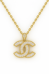 Gold necklace with diamond-encrusted 'CC' pendant on a white background
