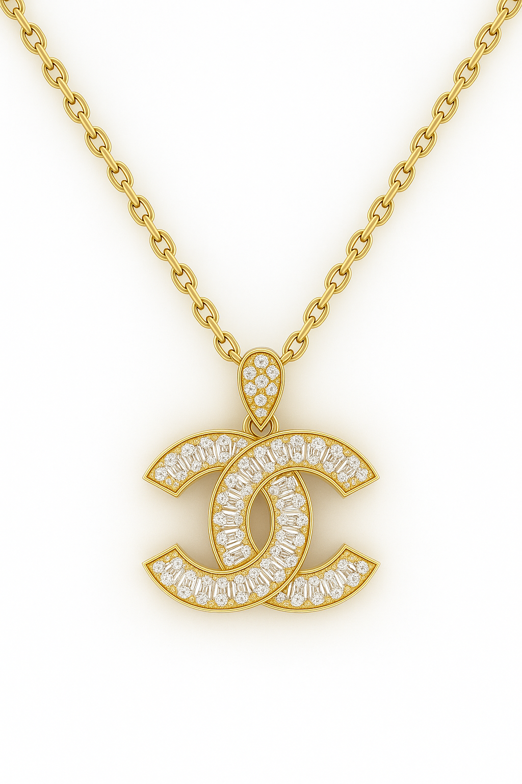 Gold necklace with diamond-encrusted 'CC' pendant on a white background