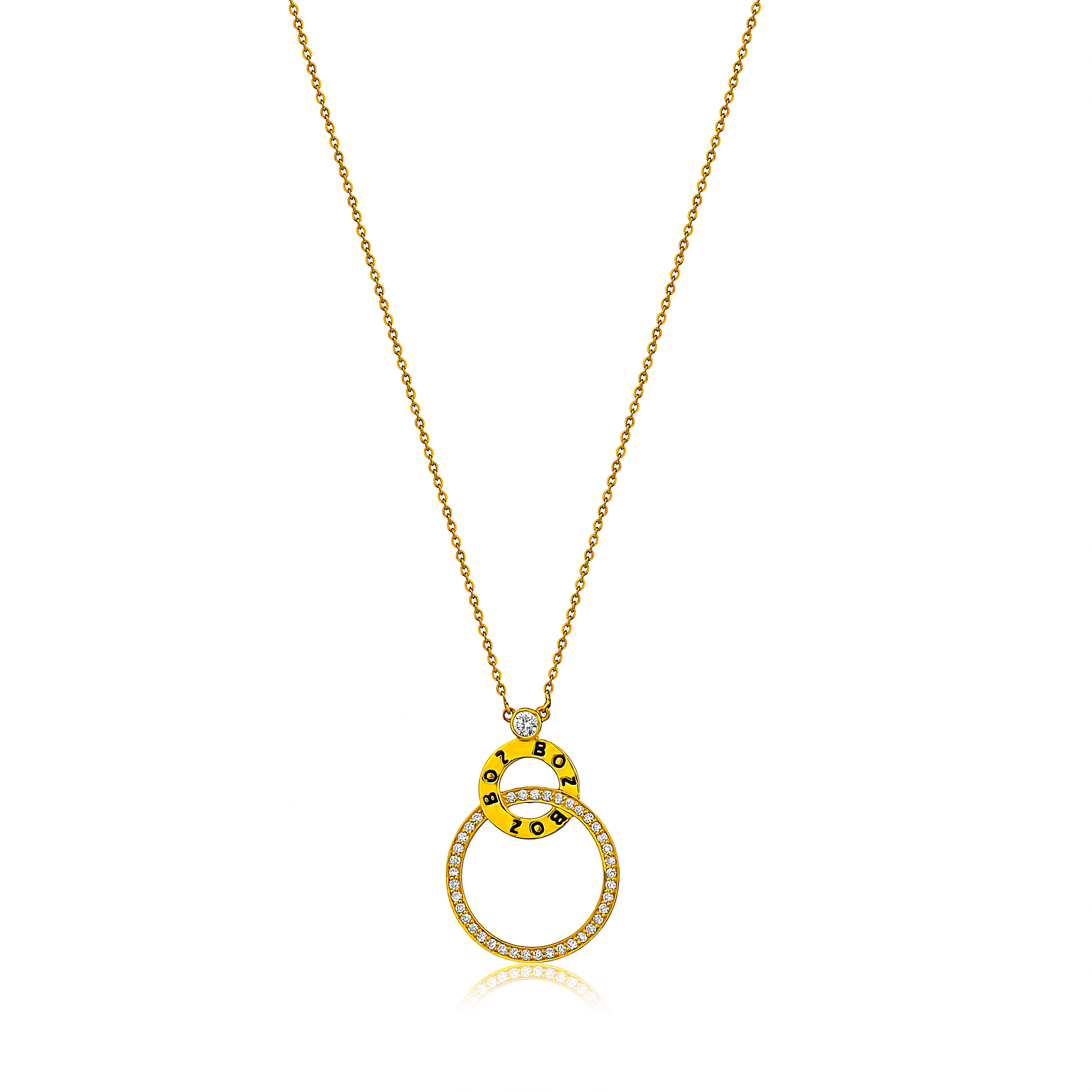 A gold necklace with an interlocked ring design featuring diamonds.