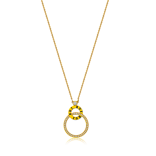 A gold necklace with an interlocked ring design featuring diamonds.