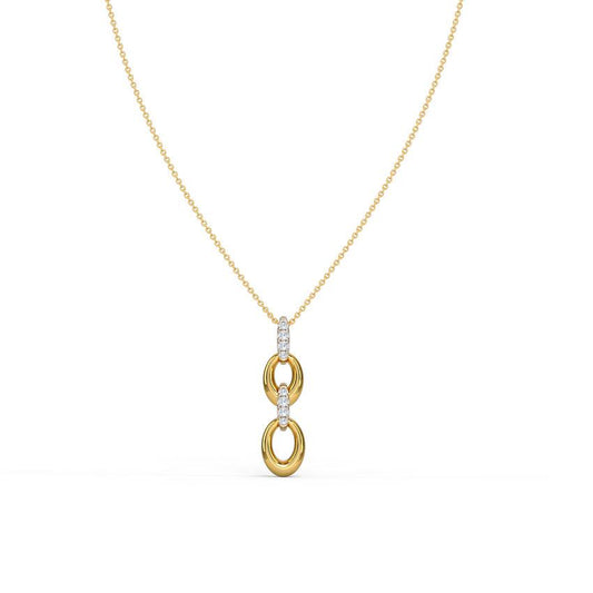 A vertical diamond necklace with a gold chain, featuring a single row of diamonds.