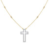 Gold necklace with a diamond-studded cross pendant on a white background