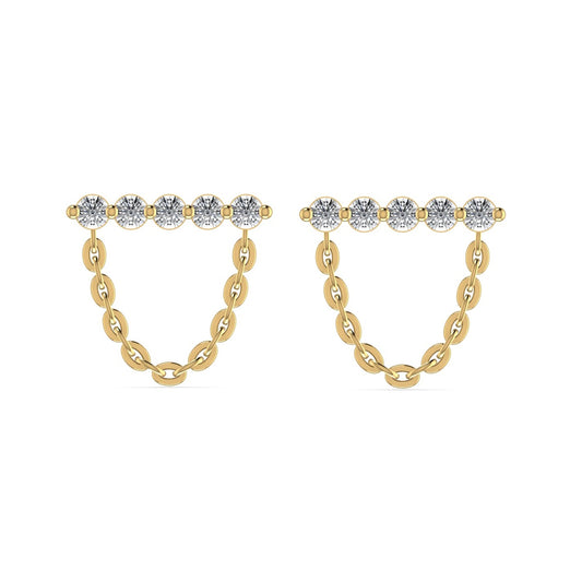 A pair of gold drop earrings featuring a series of natural diamond accents on a bar with chain detailing.