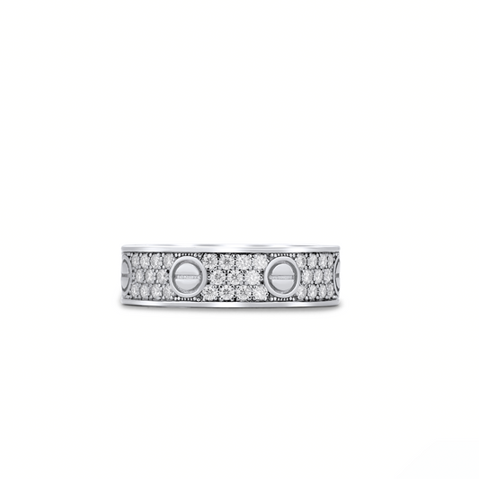 Silver ring with embedded diamonds on a white background