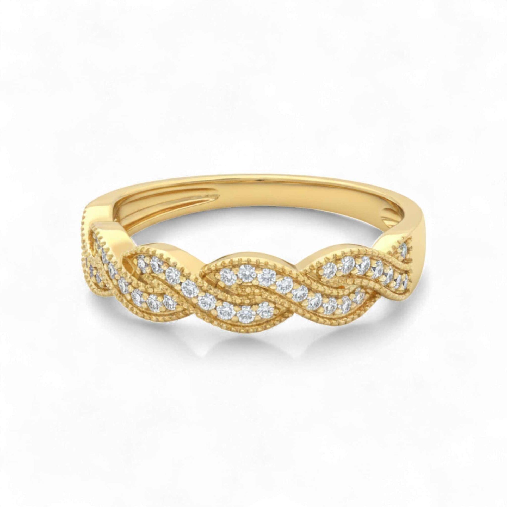 Gold ring with diamond accents on a white background