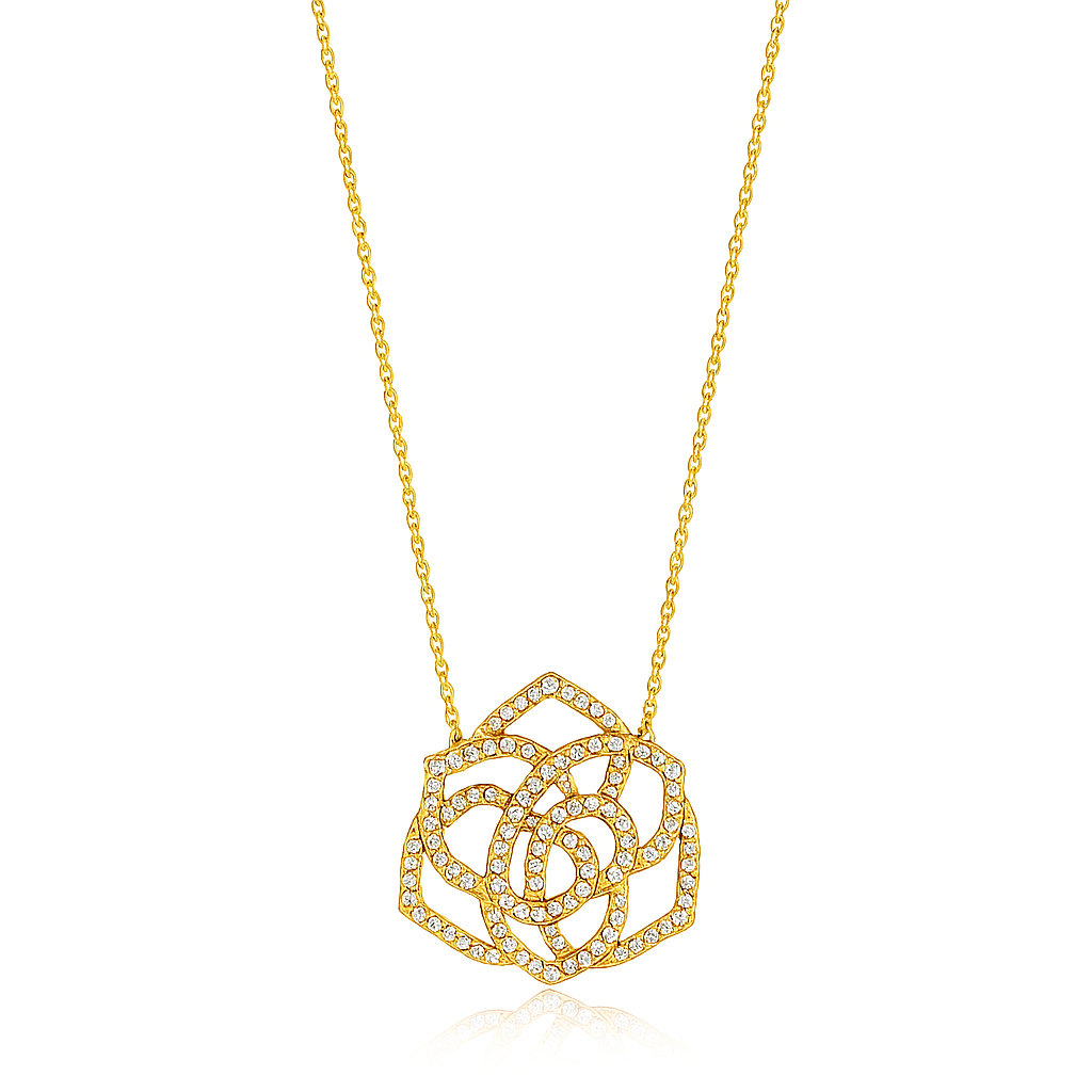 Gold necklace with a rose-shaped pendant on a white background