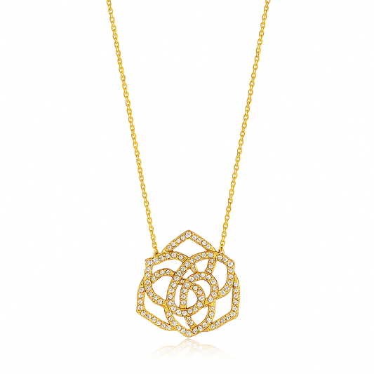 Gold necklace with a rose-shaped pendant on a white background