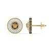 A pair of 18karat gold diamond stud earrings with a geometric pattern on the hoop and a medusa emblem in the center.