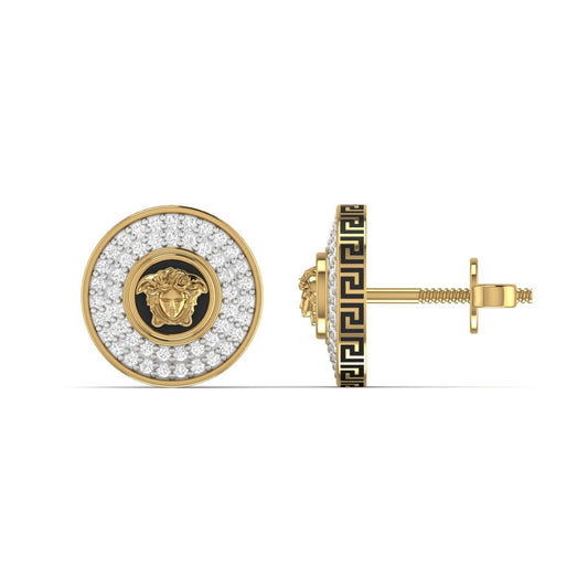 A pair of 18karat gold diamond stud earrings with a geometric pattern on the hoop and a medusa emblem in the center.