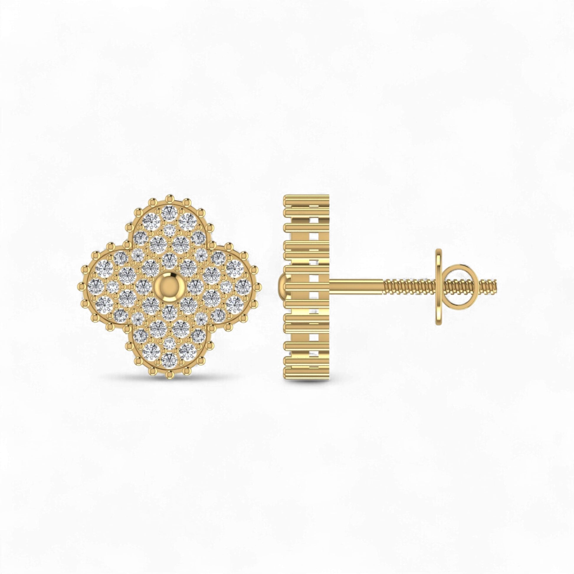 Gold earrings with diamond accents on a white background